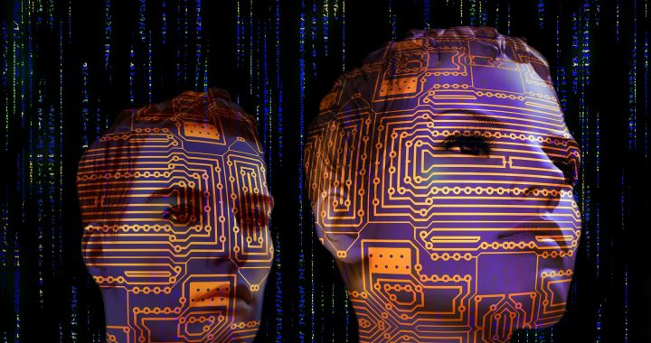 A man and a woman with binary digits across their faces signifying machine learning